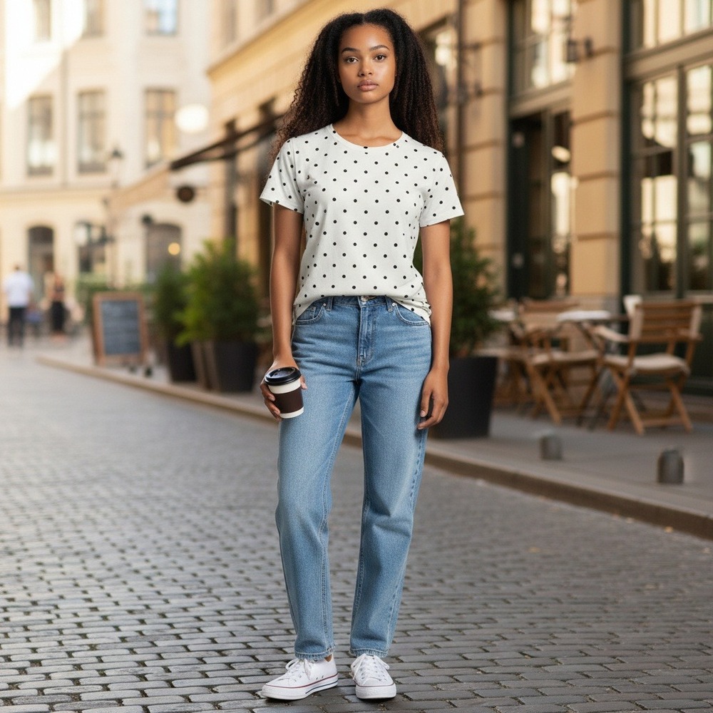 Croft & Barrow‎ Womens Classic Tee White Black Polka Dot Cotton T-Shirt Size M